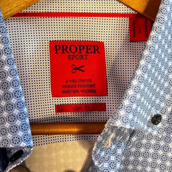 Proper Sport Shirt Dress Men Large Slim Fit Aqua Blue White Wicking Geometric - Picture 3 of 5